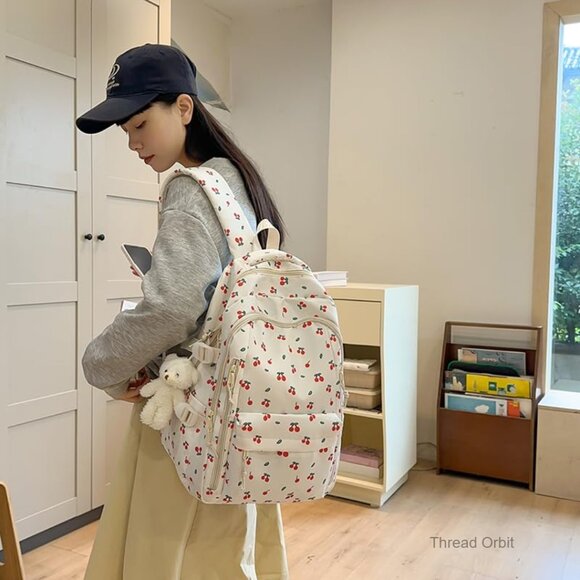 Large Nylon Backpack for Women, Daypack with Cherry Pattern, Water Resistant main image 6